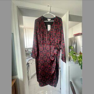 Floral print long-sleeved satin faux wrap dress, knee-length